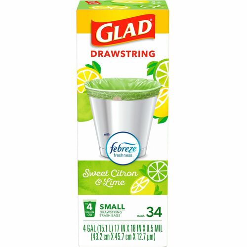 Glad Small Kitchen Drawstring Trash Bags - Febreze Sweet Citron & Lime - 4 gal Capacity - Drawstring Closure - Green - 34/Box - Home Office, Bathroom, Kitchen, Laundry