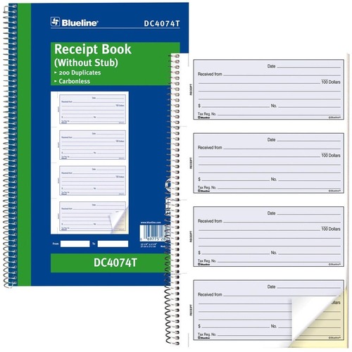 Blueline Receipt Book - 200 Sheet(s) - Spiral Bound - 2 PartCarbonless Copy - 6.63" (168.28 mm) x 10.63" (269.88 mm) Sheet Size - Blue Cover - 1 Each
