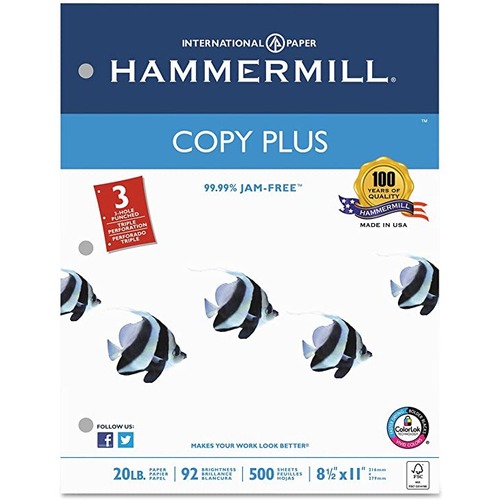 Hammermill 3-Hole Punched Copy & Multipurpose Paper - 92 Brightness - Letter - 8 1/2" x 11" - 20 lb Basis Weight - 500 Sheet - Copy & Multi-use White Paper - HAM105031