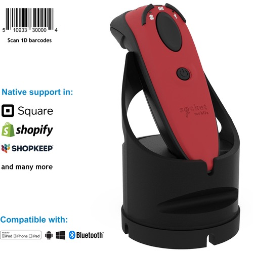 Socket Mobile DuraScan® D730, Laser Barcode Scanner, Red & Charging Dock - Wireless Connectivity - 15 ft Scan Distance - 1D - Laser - Red