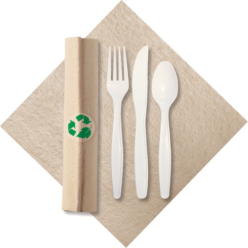 Linen-Like 8.5 in x 4.25 in Pre-rolled CaterWrap Kraft Napkins with Cutlery 100 ct. - 100/Case - Cutlery Set - 1 x Spoon - 1 x Fork - 1 x Knife - Restaurant - Disposable - Natural, White