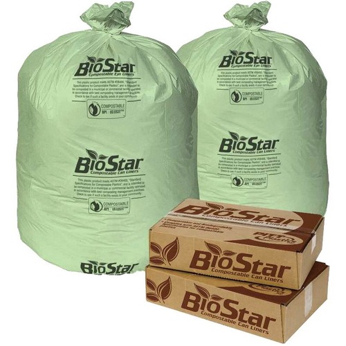 Pitt Plastics BioStar Trash Bag - 45 gal/60 lb Capacity - 46" Width x 40" Length - 1 mil (25 Micron) Thickness - Green - 100/Pack - 10 Per Packet - Can
