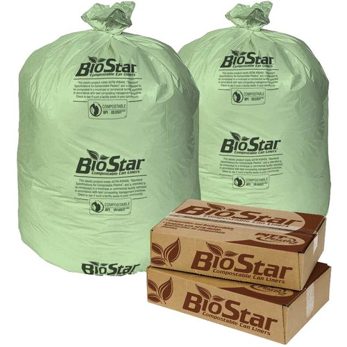 Pitt Plastics BioStar Trash Bag - 33 gal/60 lb Capacity - 39" Width x 33" Length - 1 mil (25 Micron) Thickness - Green - 100/Pack - 10 Per Packet - Can