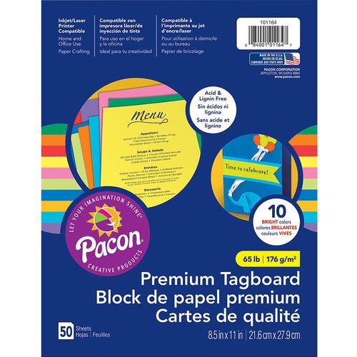 Pacon Premium Tagboard Assortment - Art, Craft, Card, Project - 8.50" Width x 11" Length - 65 lb Basis Weight - 50 Sheet - Violet, Pumpkin, Hyper Yellow, Hyper Lime, Cobalt Blue, Emerald Green, Gold, Marine Blue, Hyper Pink, Rojo Red