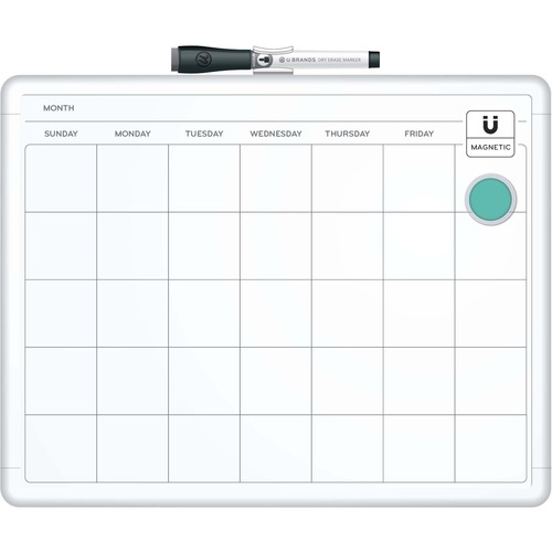 U Brands Magnetic Dry Erase Calendar Board - 14" (1.2 ft) Width x 11.7" (1 ft) Height - White Painted Steel Surface - White Plastic Frame - Rectangle - Horizontal - Magnetic - Assembly Required - 1 Each