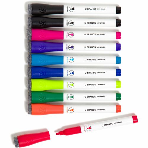 U Brands Dry Erase Marker - Medium Marker Point - Tapered Marker Point Style - Black, Blue, Light Blue, Purple, Pink, Red, Light Green, Dark Green, Orange - White Plastic Barrel - 10 / Pack