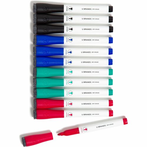 U Brands Low-Odor Dry-Erase Markers with Erasers - Medium Marker Point - Tapered Marker Point Style - Assorted - White Plastic Barrel