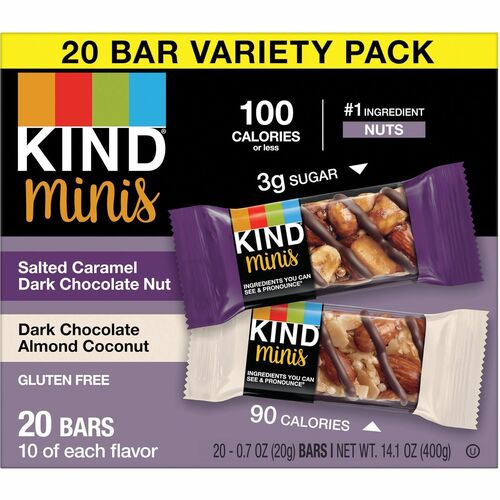 KIND Minis Dark Chocolate Nut Bars Variety - Trans Fat Free, Gluten-free, Low Glycemic, Low Sodium - Salted Caramel Dark Chocolate Nut, Dark Chocolate Almond Coconut - 0.70 oz - 20 / Pack