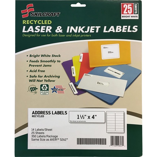 SKILCRAFT Recycled Address Labels - 1 21/64" Width x 4" Length - Rectangle - Laser, Inkjet - White - Paper - 14 / Sheet - 350 / Pack - TAA Compliant