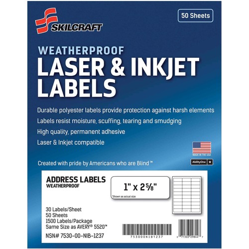 SKILCRAFT Weatherproof Mailing Labels - 1" Width x 2 5/8" Length - Permanent Adhesive - Rectangle - Laser, Inkjet - White - Polyester, Paper - 30 / Sheet - 1500 / Pack - TAA Compliant