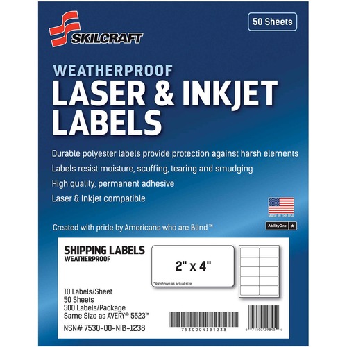SKILCRAFT Weatherproof Mailing Labels - 2" Width x 4" Length - Permanent Adhesive - Rectangle - Laser, Inkjet - White - Polyester, Paper - 10 / Sheet - 500 / Pack - TAA Compliant