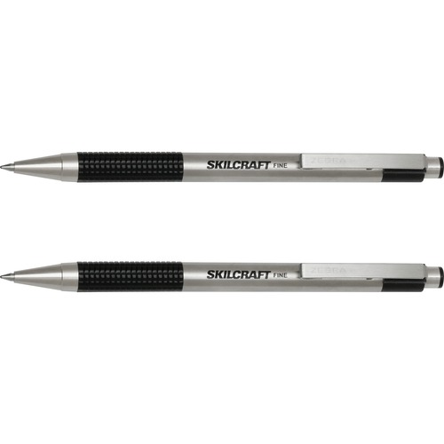 SKILCRAFT® Retractable Ballpoint Pen - 0.7 mm Fine Conical Pen Point - Retractable - Black Ink - Oil Based - Black Stainless Steel Barrel - 2 / Pack - TAA Compliant