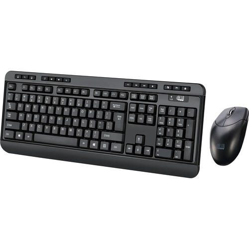 Adesso Antimicrobial Wireless Desktop Keyboard and Mouse - USB Membrane Wireless RF 2.40 GHz Keyboard - 104 Key - English (US) - Black - USB Wireless RF Mouse - Optical - 1200 dpi - Scroll Wheel - Black - Media Player, Volume Down, Volume Up, Mute, Play/P