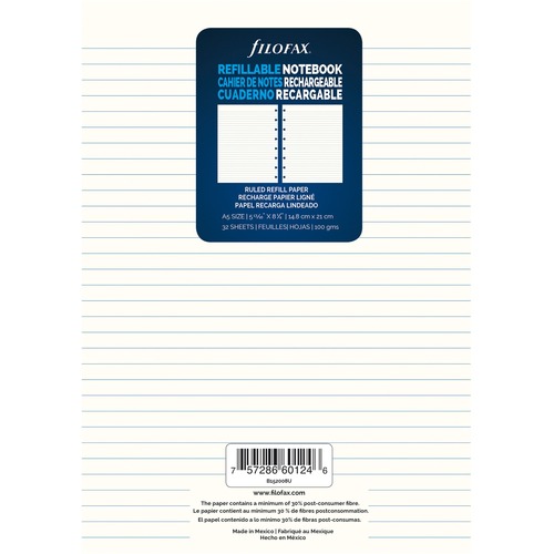 Filofax A5 Notebook Refill - 32 Sheets - Ruled - 5 4/5" x 8 19/64" - Sturdy, Resist Bleed-through, Hole-punched, Repositionable - 1Each