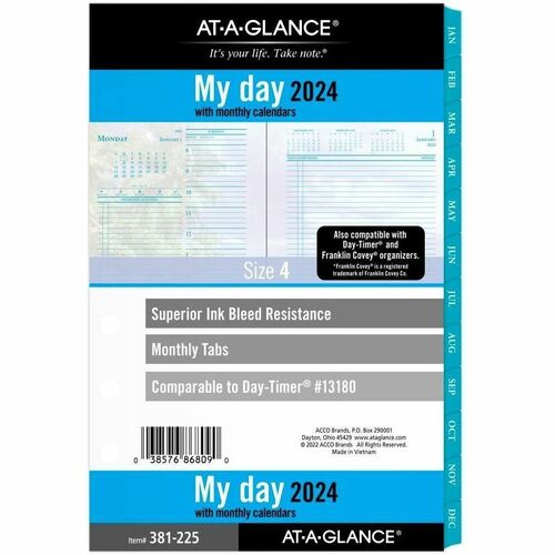 At-A-Glance 2024 Seascapes Daily Monthly Planner Two Page Per Day Refill, Loose-Leaf - Daily, Monthly - 12 Month - January 2024 - December 2024 - 8:00 AM to 7:00 PM, Hourly - 1 Day, 1 Month Double Page Layout - 5 1/2" x 8 1/2" White Sheet - 7-ring - Desk 