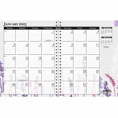 House of Doolittle Wild Flower Weekly/Monthly Planner - Julian Dates - Monthly, Weekly - 12 Month - January - December - 1 Week, 1 Month Double Page Layout - Spiral Bound - Multi, Silver - Paper - 9" Height x 7" Width - Dated Planning Page, Notes Area, Ho