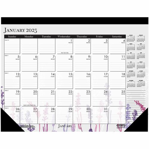 House of Doolittle Wild Flower Monthly Desk Pad - Julian Dates - Monthly - 12 Month - January - December - 1 Month Single Page Layout - Leatherette - Desk Pad - Multi, Black - Leatherette, Chipboard - 17" Height x 22" Width - Dated Planning Page, Holiday 