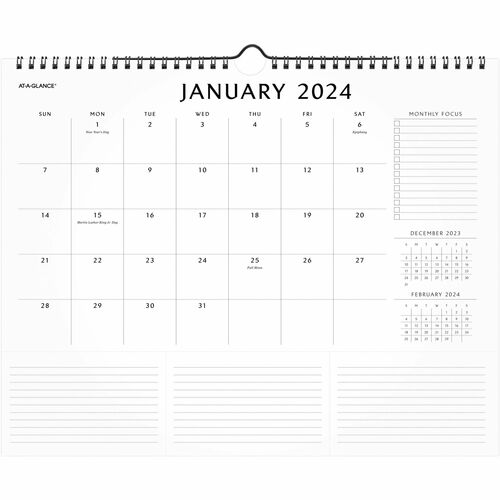 At-A-Glance Elevation Wall Calendar - Medium Size - Monthly - 12 Month - January 2024 - December 2024 - 1 Month Single Page Layout - 15" x 12" White Sheet - Wire Bound - White - Paper - Schedule Section, Important Date, Notes Area, Tear-off, Dated Plannin