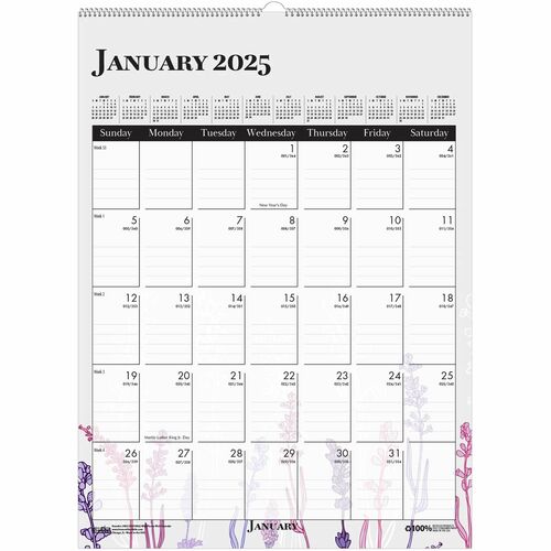 House of Doolittle Wild Flower Monthly Wall Calendar - Large Size - Julian Dates - Monthly - 12 Month - January - December - 1 Month Single Page Layout - Wire Bound - Chipboard - 16.5" Height x 12" Width - Dated Planning Page, Hanging Loop, Durable, Print