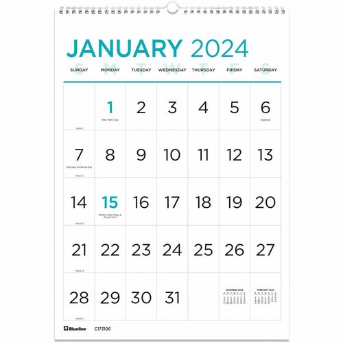 Blueline Large Print Monthly Wall Calendar - Monthly - 12 Month - January 2024 - December 2024 - 1 Month Single Page Layout - Twin Wire - Light Blue - Chipboard - 17" Height x 12" Width - Sturdy, Reinforced, Eyelet, Ruled Daily Block, Reference Calendar, 