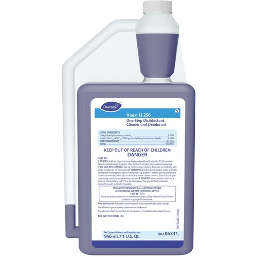 Diversey Virex II 256 Disinfectant Cleaner - Concentrate - 32 fl oz (1 quart) - Minty Scent - 6 / Carton - Deodorant, Antibacterial, Non-porous - Blue
