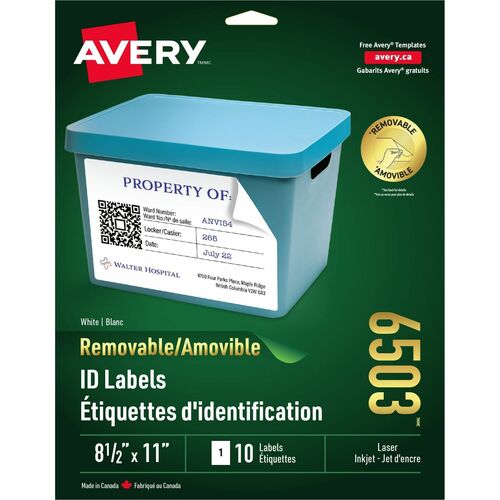 Avery® Removable ID Labels for Laser and Inkjet Printers - 8 1/2" Width x 11" Length - Removable Adhesive - Rectangle - Laser, Inkjet - White - 1 / Sheet - 10 Total Sheets - 10 Total Label(s) - 10 / Pack = AVE06503