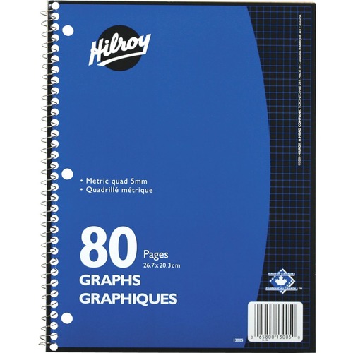 Hilroy Spiral Notebook - 80 Pages - Spiral - Quad Ruled - 3 Hole(s) - 10.50" (266.70 mm) x 8" (203.20 mm) - Hole-punched - 1Each