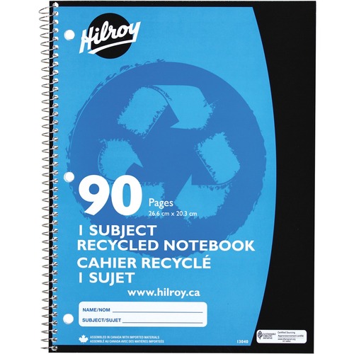 Hilroy Recycled Notebook - 45 Sheets - 90 Pages - Ruled - 10 1/2" x 8" - Spiral Bound - Recycled - 1Each - Memo / Subject Notebooks - HLR13040