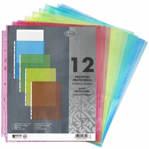 Geocan Colored Protectives Pockets - For Letter 8 1/2" x 11" Sheet - 3 x Holes - Assorted - Polypropylene - 1 / Pack = GCI1332012