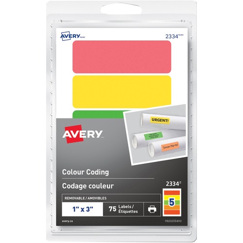 Avery® Removable Rectangular Colour Coding Labels - 1" Width x 3" Length - Removable Adhesive - Rectangle - Green, Orange, Red, Yellow - 5 / Sheet - 15 Total Sheets - 75 Total Label(s) - 75 / Pack - Multipurpose Labels - AVE2334