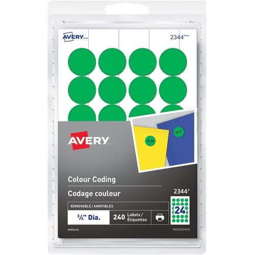 Avery® Removable Colour Coding Labels for Laser and Inkjet Printers, 3/4" - Removable Adhesive - Round - Laser, Inkjet - Green - 24 / Sheet - 10 Total Sheets - 240 Total Label(s) - 240 / Pack
