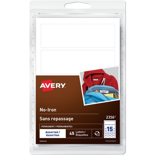 Avery® No-Iron Clothing Labels Handwrite, Assorted Sizes - Permanent Adhesive - Rectangle, Oval - White - 15 / Sheet - 3 Total Sheets - 45 Total Label(s) - 45 / Pack = AVE2356