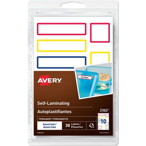 Avery® Self-Laminating Labels Handwrite, Assorted Sizes - Permanent Adhesive - Assorted - Blue, Green, Red, Yellow - 10 / Sheet - 3 Total Sheets - 30 Total Label(s) - 30 / Pack - Multipurpose Labels - AVE2362
