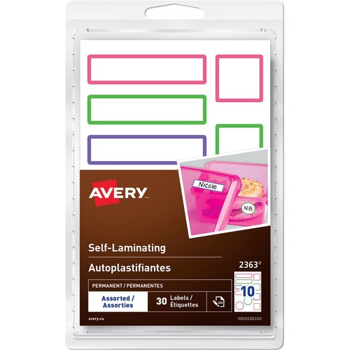 Avery® Self-Laminating Labels Handwrite, Assorted Sizes - Permanent Adhesive - Neon Green, Neon Orange, Neon Pink, Neon Purple - 10 / Sheet - 3 Total Sheets - 30 Total Label(s) - 30 / Pack