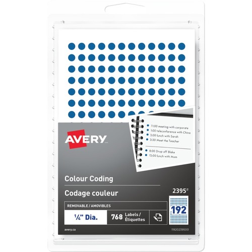 Avery® Removable Colour Coding Labels Handwrite, Â¬Âº" - 1/4" Diameter - Removable Adhesive - Round - Blue - 192 / Sheet - 4 Total Sheets - 768 Total Label(s) - 768 / Pack