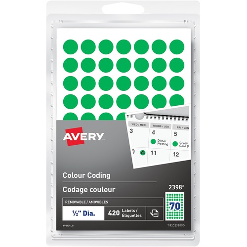 Avery® Removable Colour Coding Labels Handwrite, ½" - 1/2" Diameter - Removable Adhesive - Round - Green - Paper - 768 / Pack = AVE2398