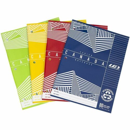 Louis Garneau Canada Notebook - 40 Sheets - 80 Pages - Ruled Margin - 3 Hole(s) - 11" x 8" - Laminated Cover - Hole-punched - 1 Each