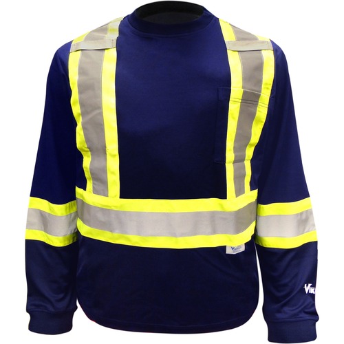 Viking Safety Cotton Lined Long Sleeve Shirt - Recommended for: Warehouse, Outdoor - Medium Size - Ultraviolet Protection - Strap Closure - Cotton, Polyester - Blue - Breathable, High Visibility, Reflective, Non-irritating, Hook & Loop, Pocket, Comfortabl