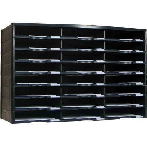 Storex 24 Compartment Literature Sorter, Black - 24 Compartment(s) - 9.50" (241.30 mm) x 12" (304.80 mm) - 20.5" Height x 14.1" Width x 31.4" Depth - Black - Polystyrene, Plastic, Cardboard - 1 Each