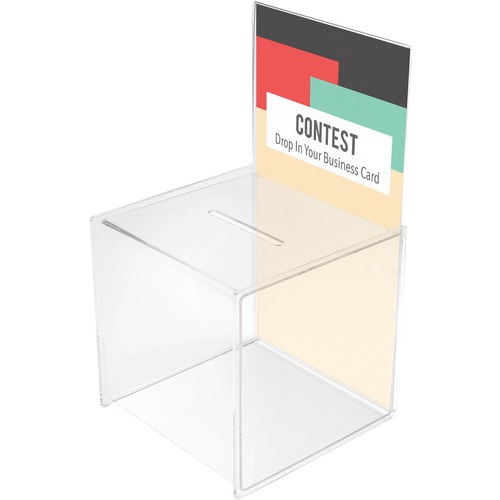 Deflecto 66001 Suggestion/Coin Box with 203mm x 375mm Sign Holder - External Dimensions: 8.4" Width x 15.4" Depth x 8.4" Height - Polymethyl Methacrylate (PMMA) - For Ticket, Form, Business Card, Coin - 1 Each = DEF66001