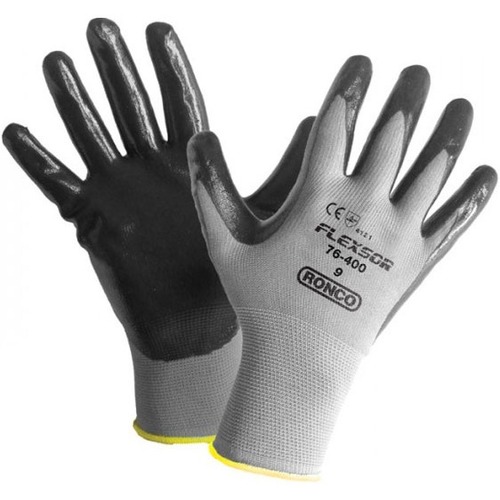 FLEXSOR Work Gloves - Nitrile Coating - Medium Size - Gray - Abrasion Resistant, Latex-free - 12 / Box = RON7640008