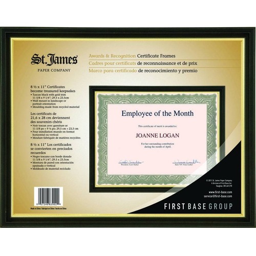 St. James® Awards & Certificate Frame, 11? x 9 " (30 x 24cm), Tuscan Black with Gold Trim - 12.20" x 9.45" Frame Size - Holds 11.02" x 8.66" Insert - Wall Mountable - Portrait, Landscape - 1 Each - Tuscan Black, Gold