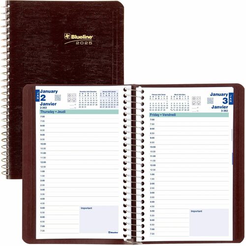 Blueline Daily Planner 8"x 5" Spiral Bind, Bilingual, Burgundy - Daily - January 2025 - December 2025 - 7:00 AM to 7:30 PM - Half-hourly - 1 Day Single Page Layout - 5" x 8" Sheet Size - Spiral Bound - Burgundy - Paper - 8" Height x 5" Width - Appointment