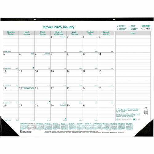 Blueline EcoLogix Planner - Monthly - 1 Year - January 2024 till December 2024 - 1 Month Single Page Layout - Desk Pad - Chipboard, Paper - 17" Height x 22" Width - Ruled Daily Block, Non-refillable, Tear-off, Top Bound, Bilingual, Printed, Project Sectio