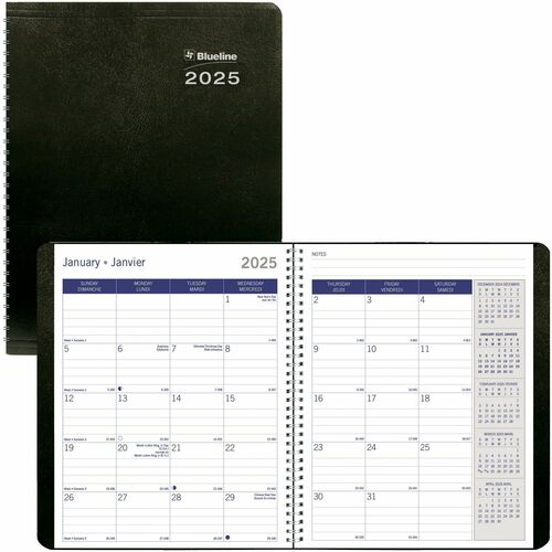 Blueline DuraGlobe 14-Month Monthly Planner Soft Cover 8-7/8" x 7-1/8" , Bilingual, Black