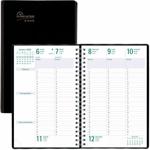 Blueline Timanager Weekly Planner 2021, (French version) Black - Weekly, Monthly - 1.1 Year - December 2020 till December 2021 - 7:00 AM to 8:30 PM - Half-hourly - Twin Wire - Black - Paper - Appointment Schedule, Notes Area, Soft Cover, Printed, Tear-off