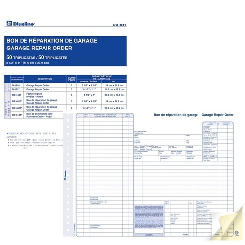 Blueline Garage Repair Orders in Snap Sets - Carbonless Copy - 11" x 8.50" Form Size - Letter - Paper - 50 / Pack = BLIDB4811