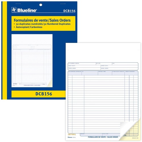 Blueline Sales Orders Book - 50 Sheet(s) - 2 PartCarbonless Copy - 11" x 8.50" Form Size - Letter - Blue Cover - Paper - 1 Each = BLIDCB156