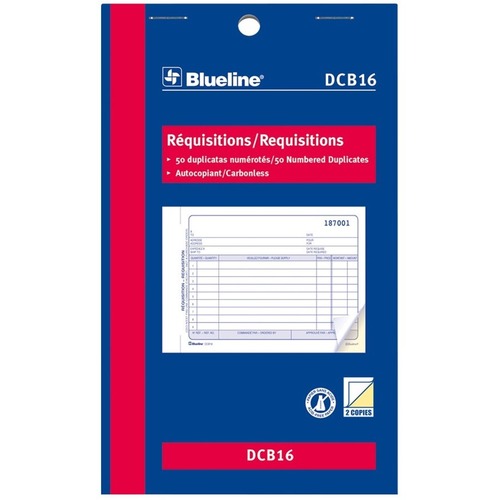 Blueline Requisitions - 50 Sheet(s) - 2 PartCarbonless Copy - 7.01" x 4.25" Form Size - Blue Cover - 1 Each -  - BLIDCB16