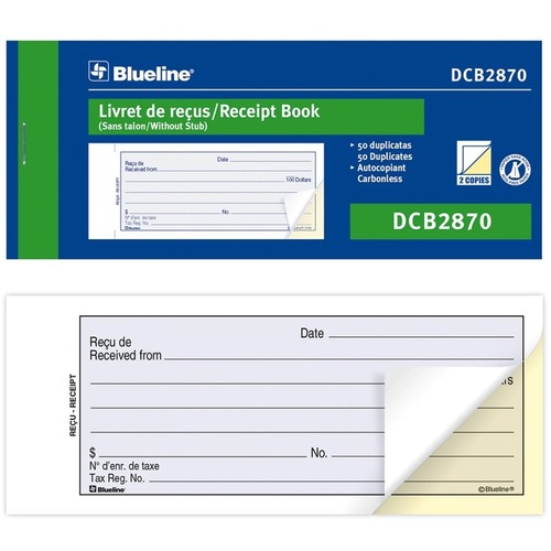Blueline Receipt Book - 50 Sheet(s) - 2 PartCarbonless Copy - 2.76" x 6.73" Form Size - Blue Cover - Paper - 1 Each -  - BLIDCB2870